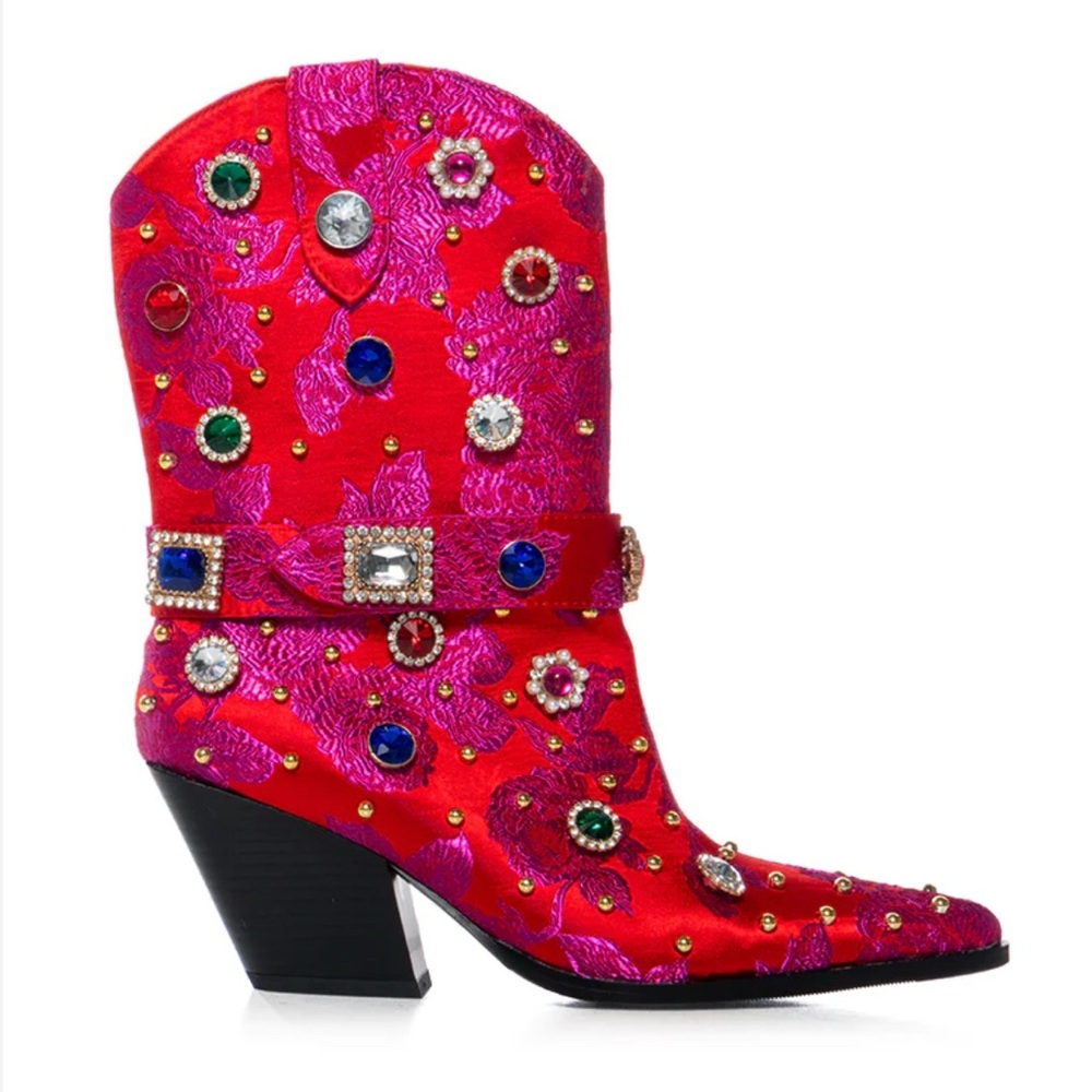 πΌπππNWOT AZALEA WANG DILIGENT RED BROCADE AND GEMS WESTERN BOOTIE. No box - Picture 4 of 15